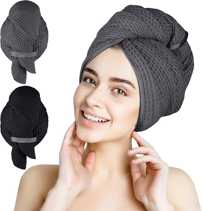HOMEXCEL 2 Pack Large Microfiber Hair Towels Waffle Weave- 40 x 26.5 inches Fast Drying Turbans for Long, Thick, Curly Hair - Anti Frizz Wrap with Elastic Strap, Black/Grey