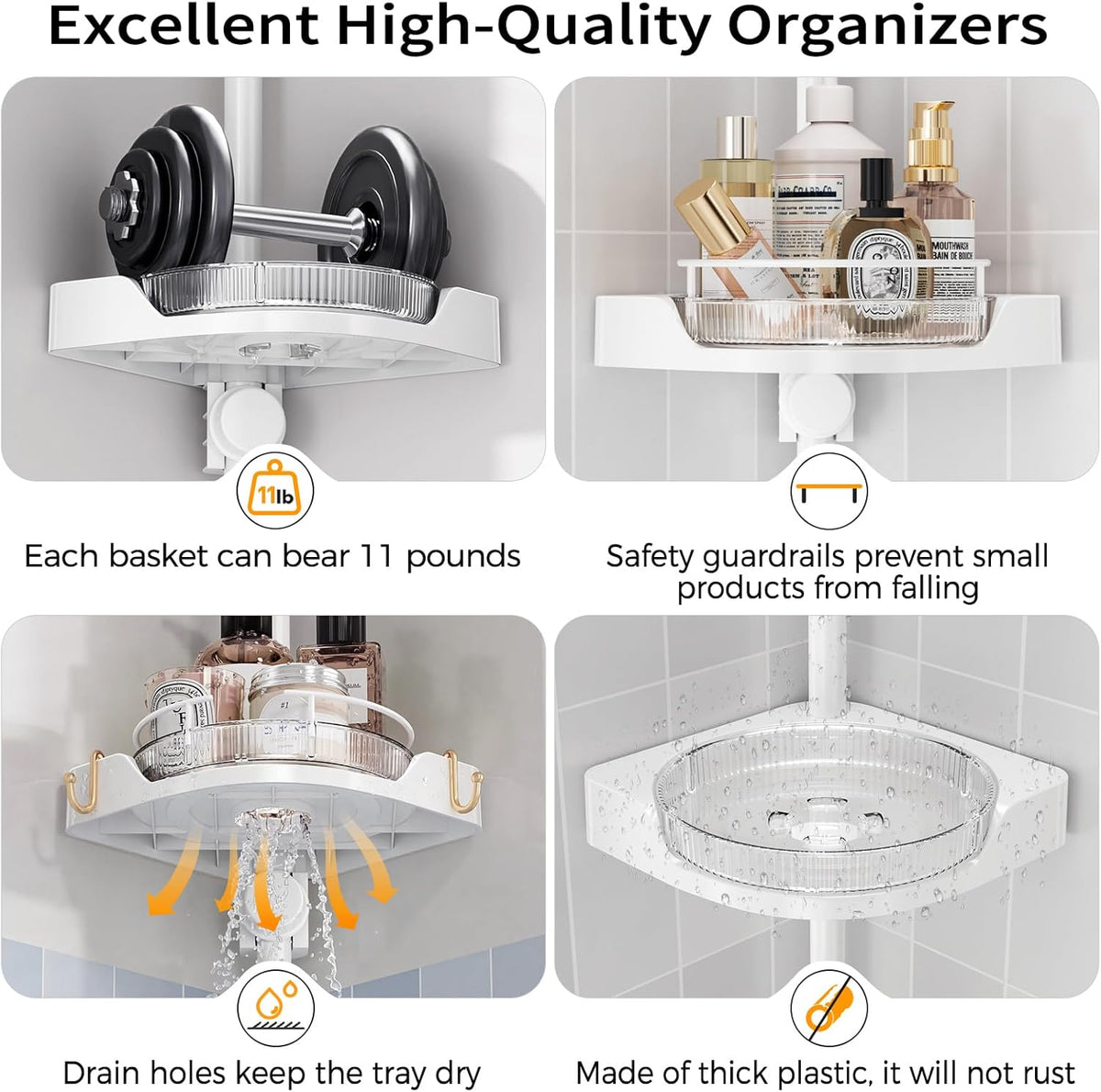 360° Rotating Corner Shower Caddy Tension Pole Organizer - 4-Tier Adjustable Rustproof Metal Pole, Plastic Shelves with Safety Guardrail, Bathroom Storage for Shower & Bathtub(White)