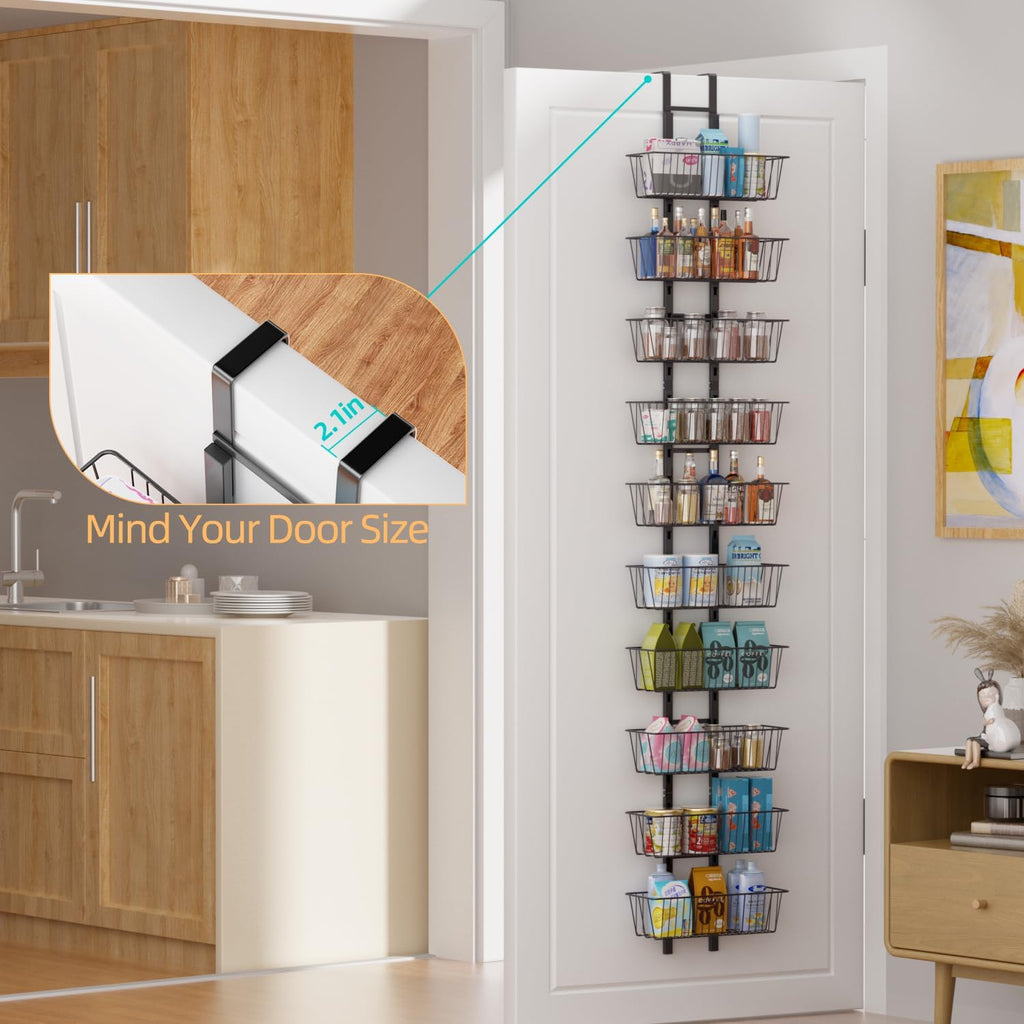 10-Tier Over The Door Organizer with Baskets - Heavy Duty Spice Rack Metal Hanging Shelf for Pantry & Kitchen | Adjustable Spice Rack, Space-Saving Hanging Storage for Bathroom, Laundry, Black