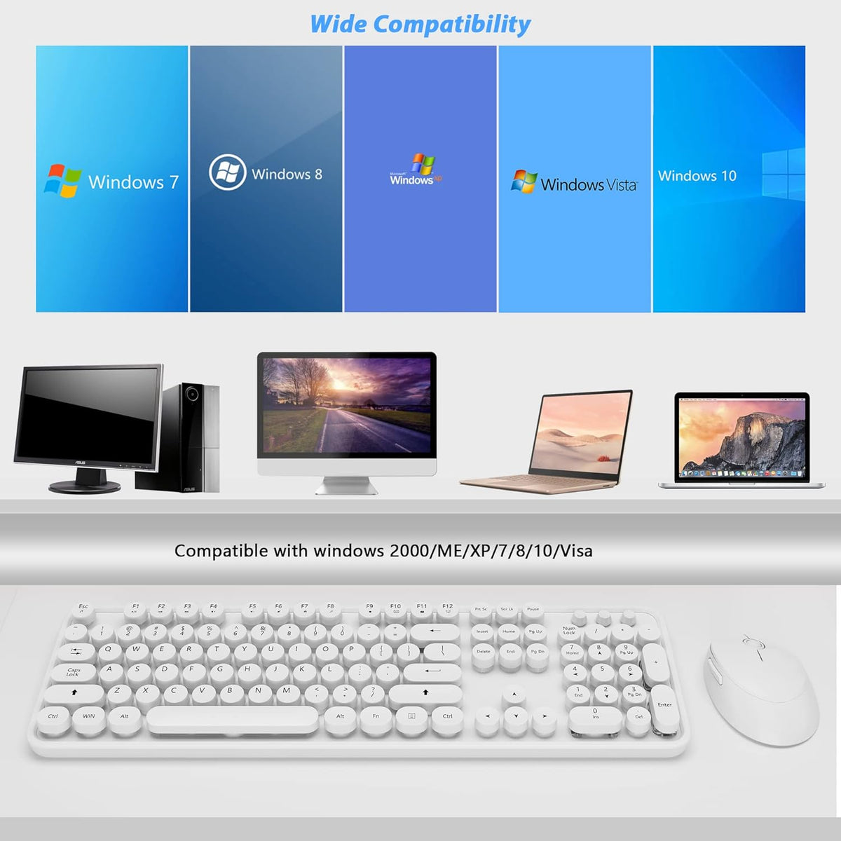 Wireless Keyboard Mouse Combo, 104 Keys Cute White Keyboard with Number Pad & Mouse for Windows, Computer, PC, Notebook, Laptop (White)