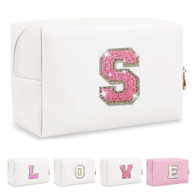 Small Initial Patch Makeup Bag Personalized Gifts Make Up Bag,White Cute PU Leather Glitter Letter Cosmetic Bag with Zipper,Trendy Portable Travel Toiletry Pouch,Preppy Stuff for Teen Girls Women S
