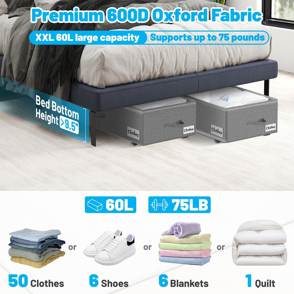 Under Bed Storage with Wheels, 2-Pack 10" Height XXL 60L Rolling Storage Bins, Quick Assembly Underbed Shoe Storage Containers with Clear Lid & Label, Dorm Under bed Drawers for Clothes, Shoes, Grey