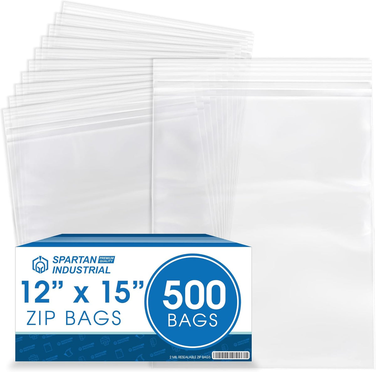 Spartan Industrial - 12” X 15” (500 Count) 2 Mil Clear Reclosable Zip Plastic Poly Bags with Resealable Lock Seal Zipper