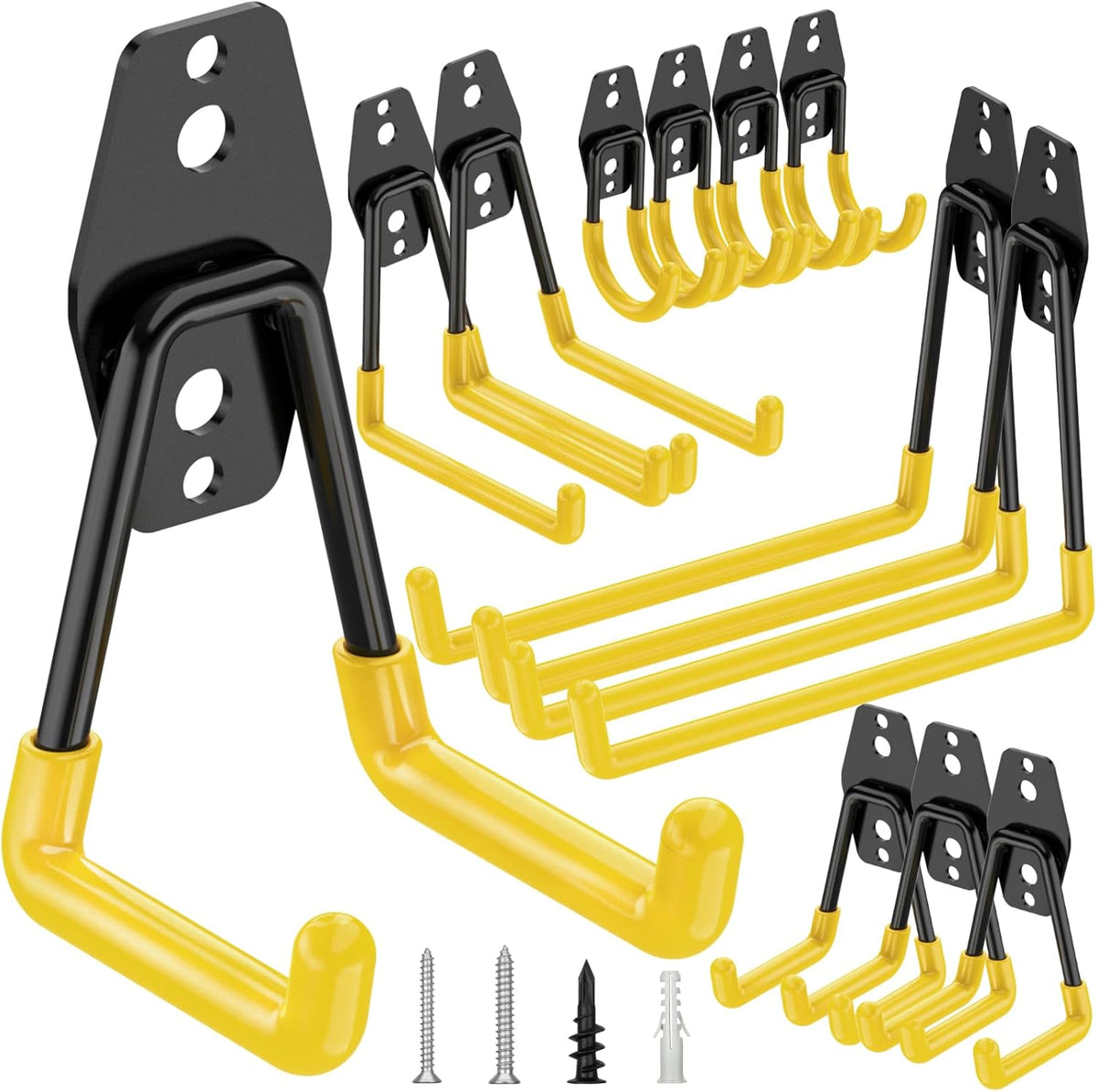 TICONN 12 Pack Heavy Duty Garage Hooks, Steel Utility Wall Storage Hooks, Wall Mount Hanger Organizer for Ladders, Bikes, Tools, Bulky Items (Set, Yellow)