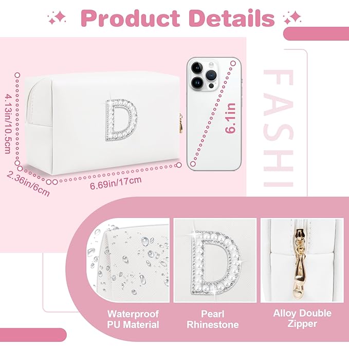 Bride Gifts – Personalized Initial Makeup Bag with Pearl Rhinestone Patch, Preppy White Monogram Cosmetic/Toiletry Pouch, bridesmaid Gifts, Bridal Shower Gifts, Wedding Gifts, Bridal Gifts,D