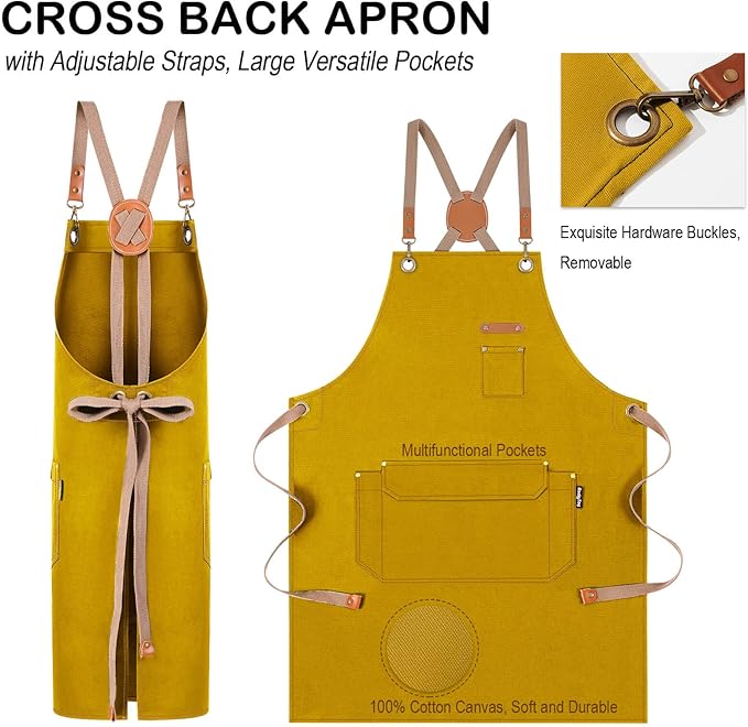 Chef Apron for Men Women with Gift Box Pack, Cross Back Apron with Pockets for Kitchen Cooking Baking Artist Painting, Cotton Canvas Work Aprons for Shop, Garden, Restaurant, Cafe (Yellow, M to XXL)