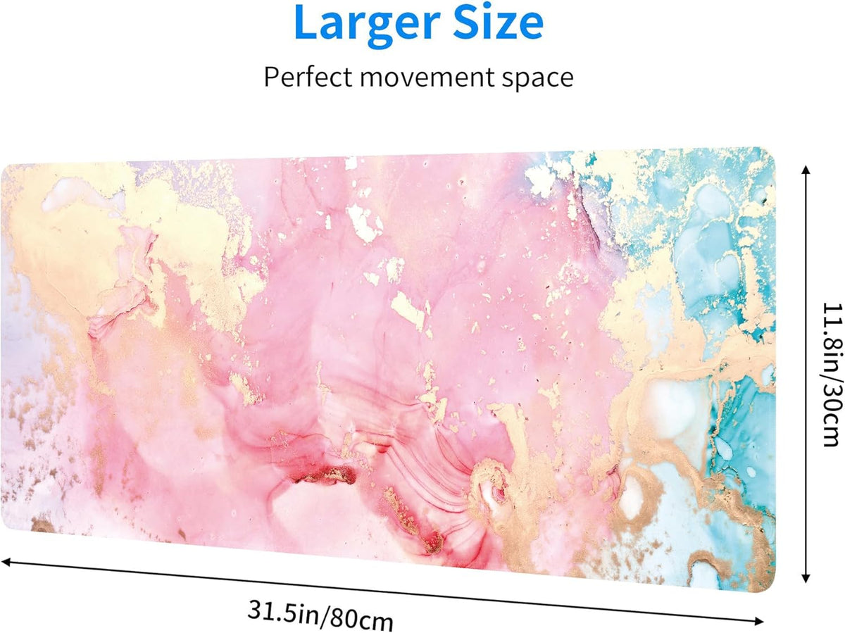 Cute Pink Marble Large Mouse Pad,Gaming Keyboard Desk Pad,Extended Mouse Mat Non-Slip Rubber Base with Stitched Edges for Office Game Home XL 31.5"x11.8"