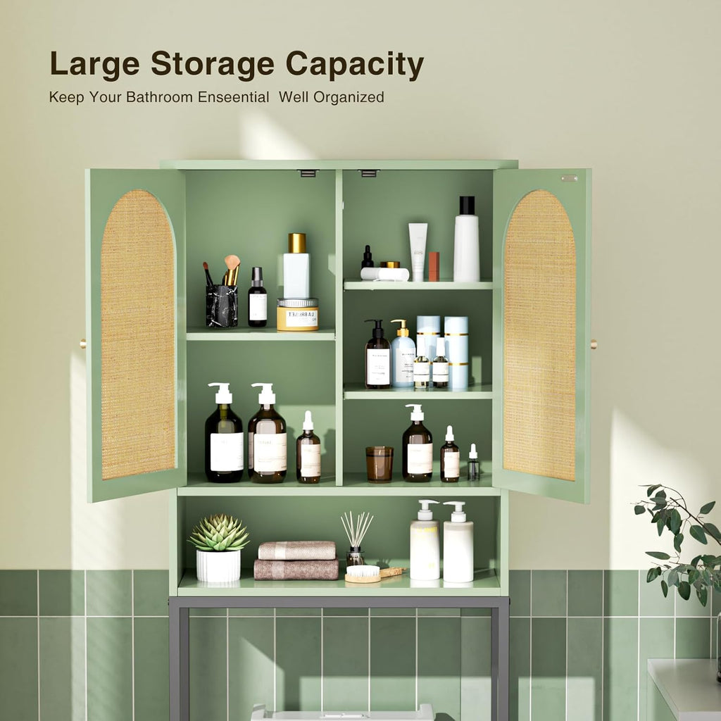Rattan Over The Toilet Storage Cabinet, Bathroom Organizers and Storage Over Toilet with Rattan Door and Metal Stand, Tall Storage Shelves Above Toilet, Wood Rack for Restroom, Laundry, Foam Green