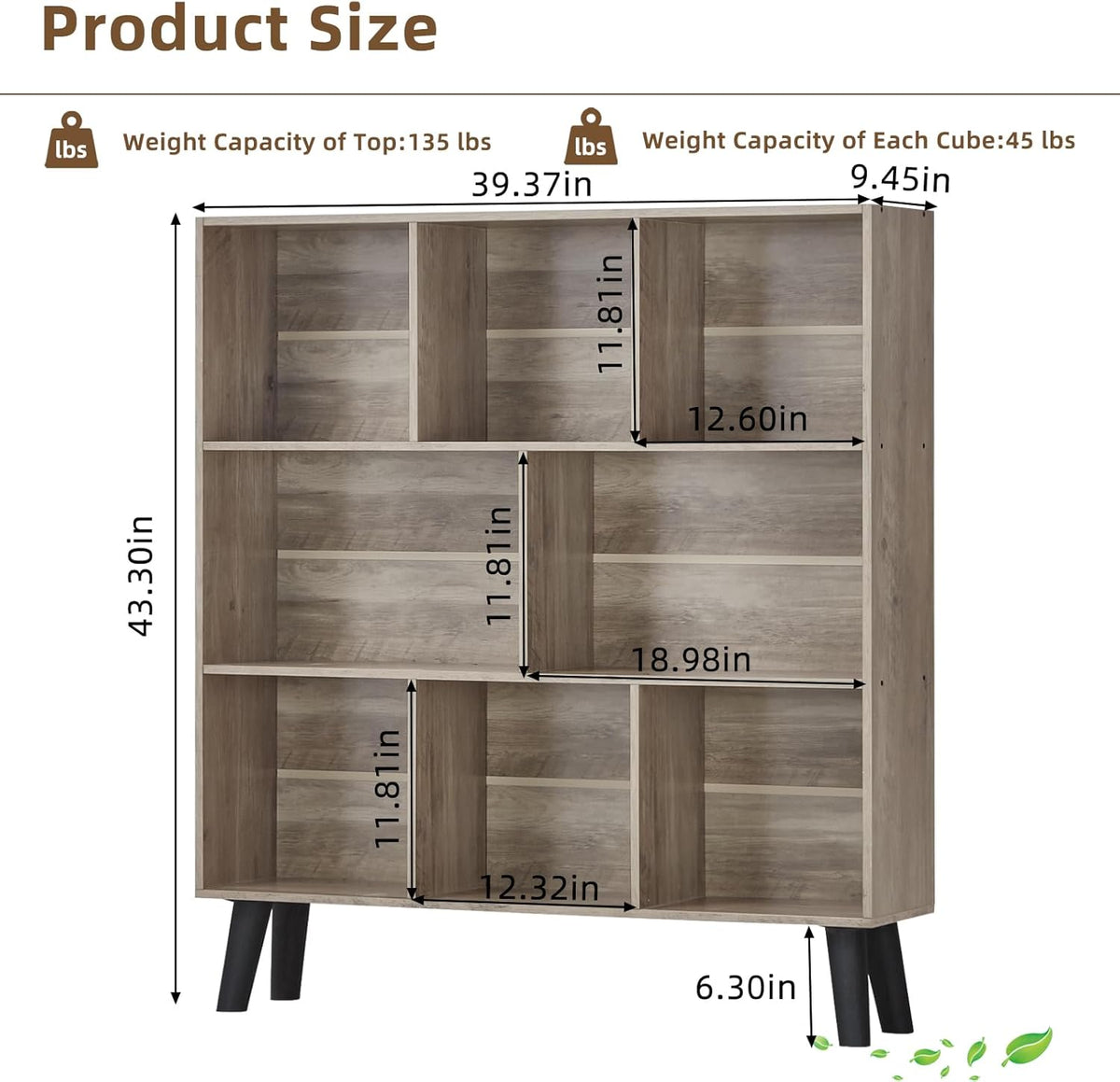 LEYAOYAO 8 Cube Bookshelf,3 Tier Bookcase with Legs,Modern Grey Mid-Century Bookshelves,Large Farmhouse Open Storage Organizer Shelf, Retro Wooden Display Book Case for Bedroom,Living Room,Office