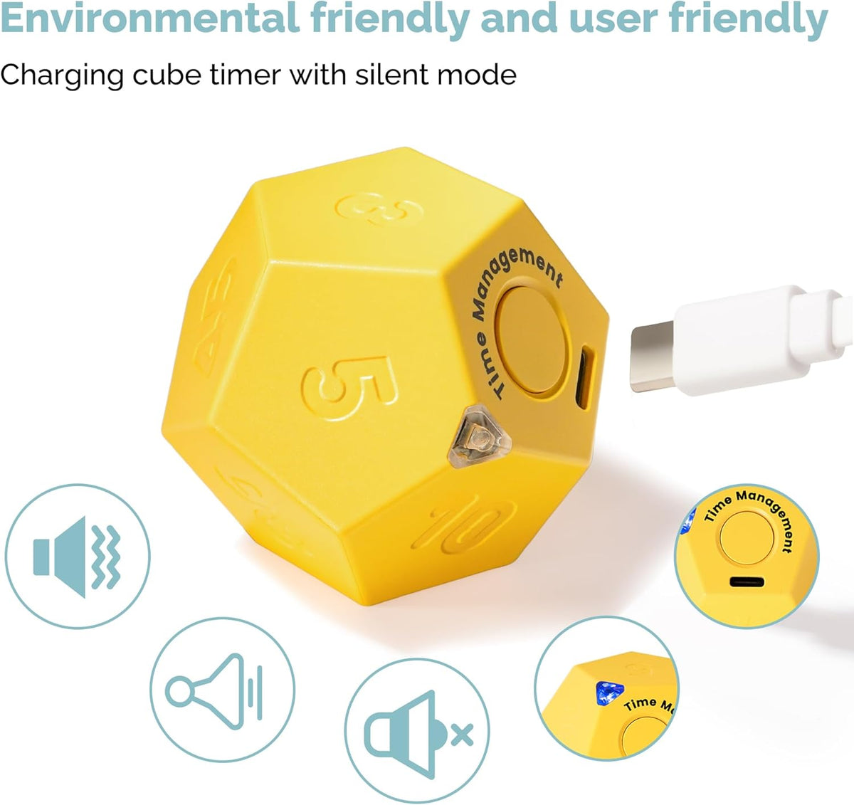 KADAMS Pomodoro Cube Timer Productivity-11 Preset Countdowns, Flip-to-Start Gravity Activation - Sound Vibrate Mute Rechargeable - Ideal for ADHD Kid Kitchen Classroom Cook Study Exercise - Yellow