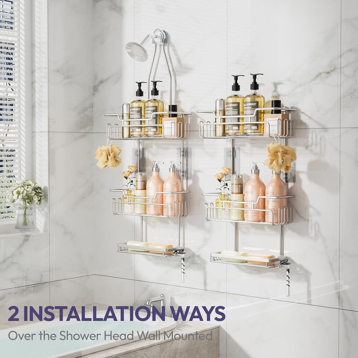 SWTYMIKI Bathroom Shower Caddy Hanging - 3 Tier Rustproof Over Shower Head Organizer, No Drilling Bathroom Shelf with 16 Hooks & Soap Holder, Anti-Swing Rack, Sand Nickel, Medium