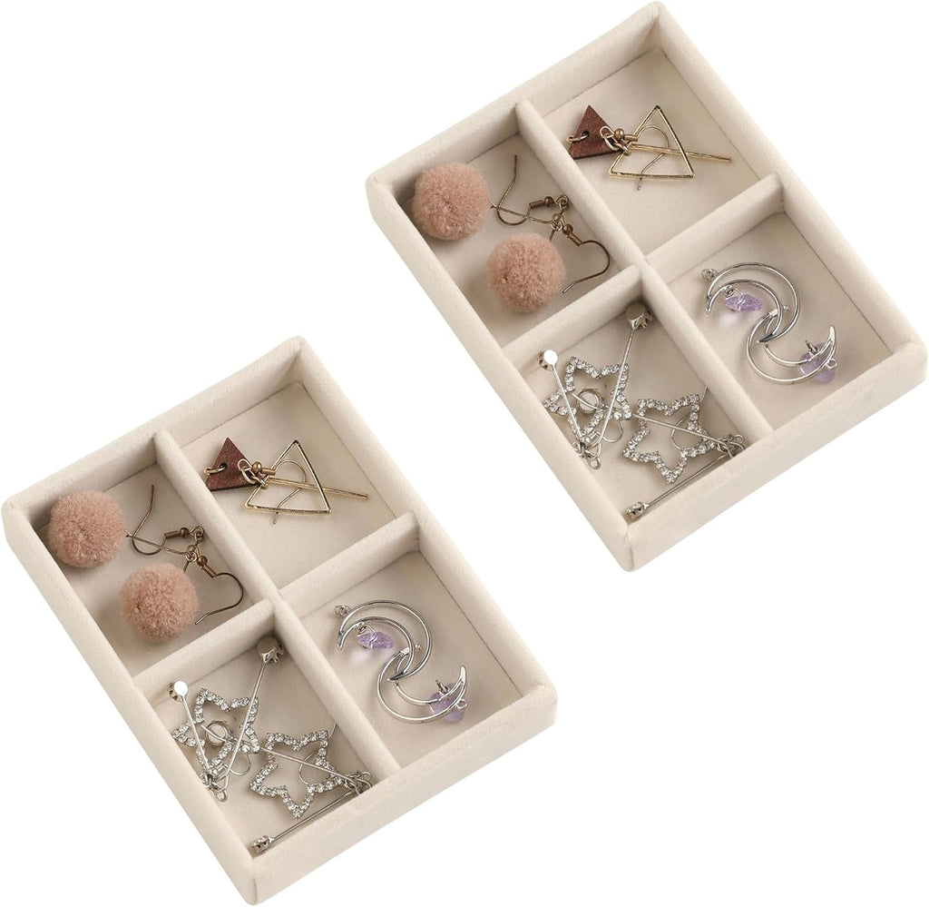 Frebeauty Small Jewelry Tray Set,Stackable Velvet Jewelry Organizer Tray,Mini Jewelry Drawer Organizer,Drawer Inserts,4.92 x 3.74 x 0.9 Inches,4 Grid Earring Organizer for Women(Set 2,Beige)