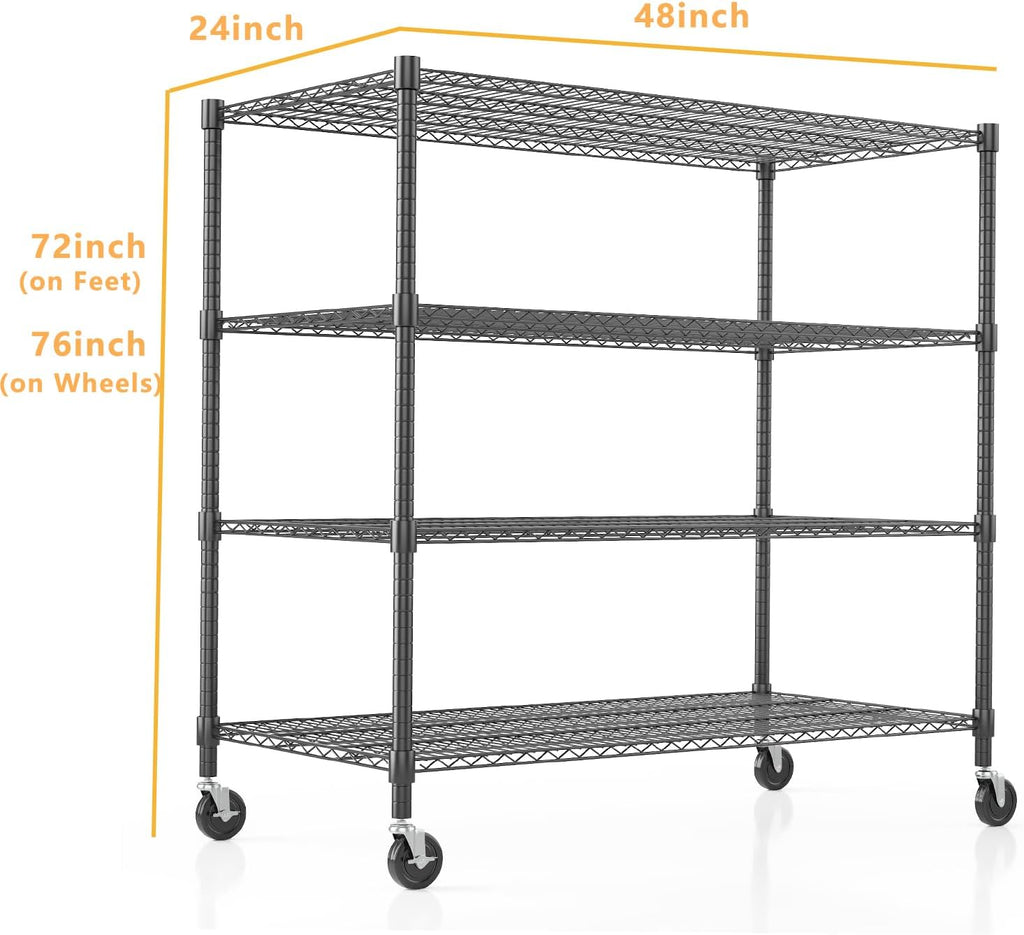 Himimi 4 Tier Wire Shelving with Wheels Heavy Duty Height Adjustable Metal Shelves for Storage, Commercial Grade Steel Utility Wire Rack for Kitchen Garage Pantry Organization-24×48×72, Black