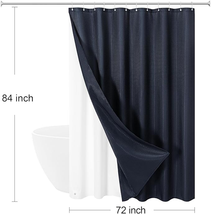 Craidlela 3 in 1 Extra Long Navy Blue Shower Curtain Set-72 W x 84 H, Modern Waffle and PEVA Liner Set with 12 Stainless Steel Hooks, Waterproof Fabric for Bathroom