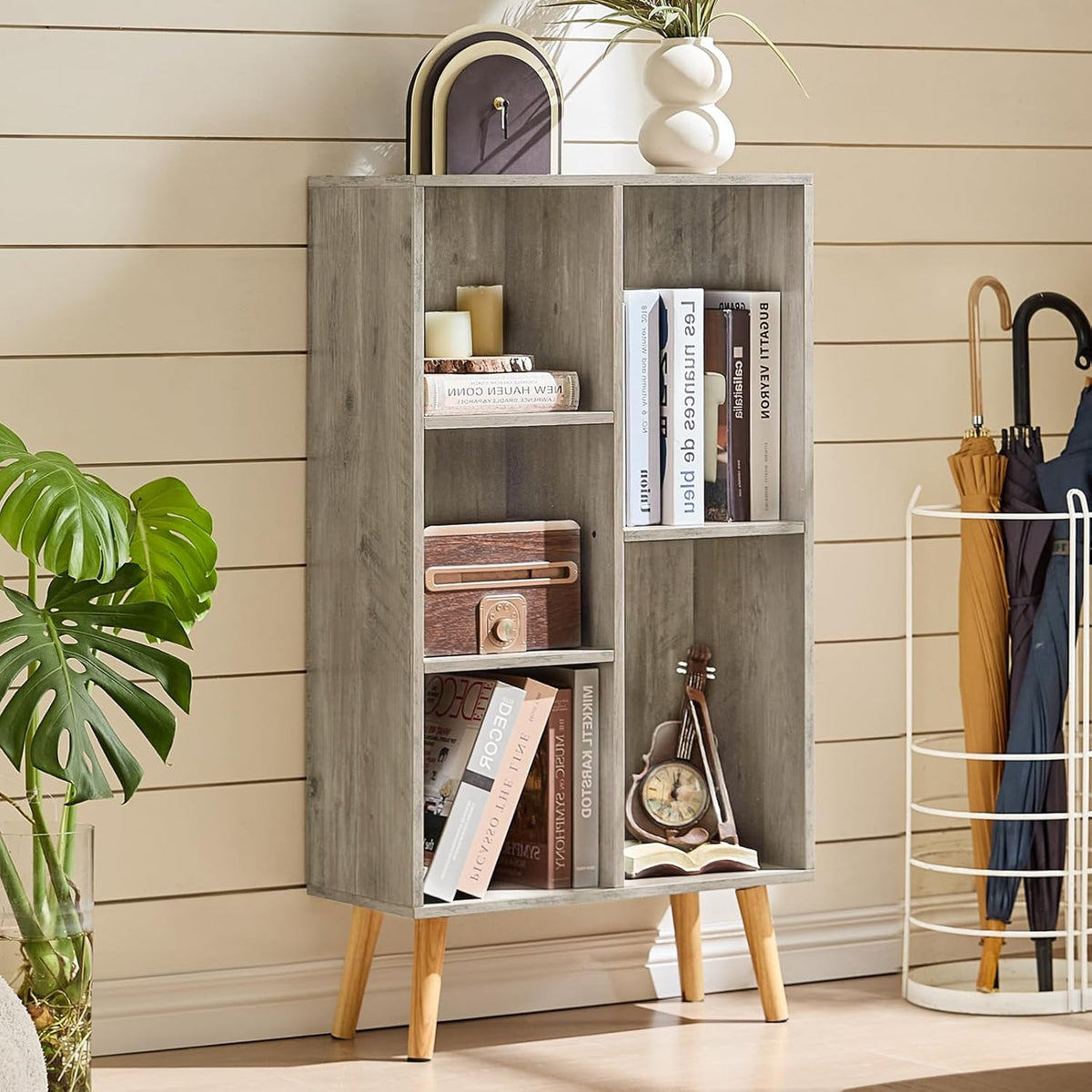 5 Cube Small Bookshelf,3 Tier Mid-Century Modern Bookcase with Legs,Wood Bookshelves Storage Organizer Shelf,Free Standing Narrow Book Shelves,Rustic Grey Corner Bookcases for Bedroom,Living Room