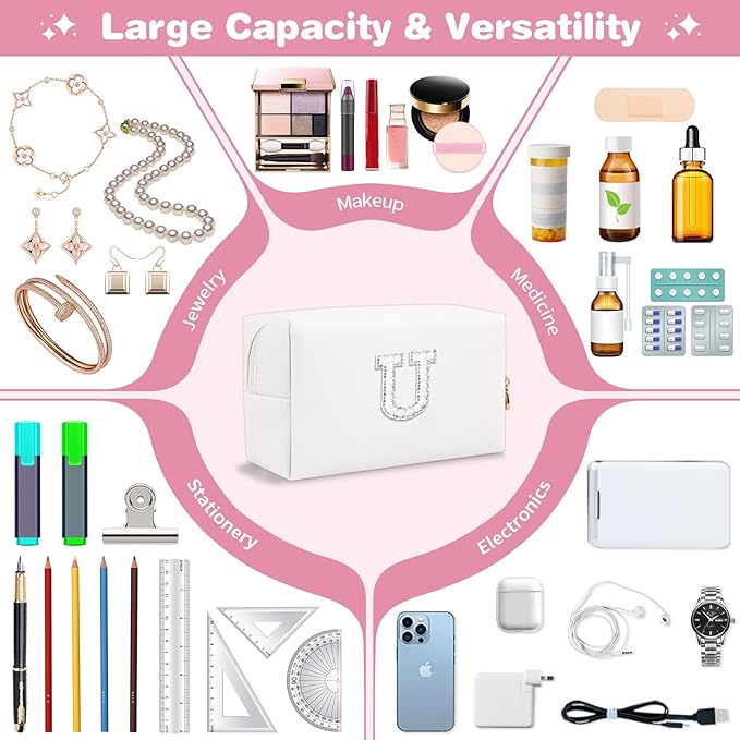 Bride Gifts – Personalized Initial Makeup Bag with Pearl Rhinestone Patch, Preppy White Monogram Cosmetic/Toiletry Pouch, bridesmaid Gifts, Bridal Shower Gifts, Wedding Gifts, Bridal Gifts,U