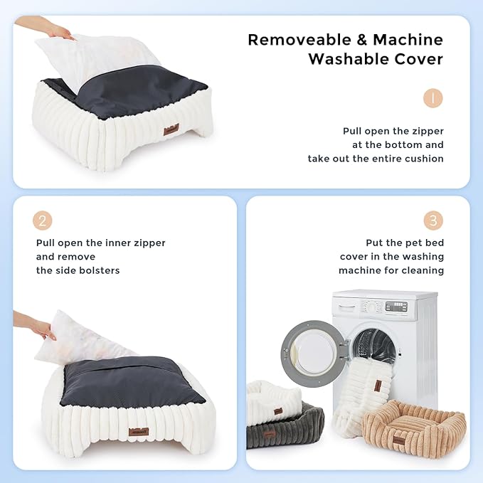 ZOMISIA Large Cat Beds - Orthopedic Dog Bed for Medium Dogs, Rectangle Pet Bed with Fluffy Removable Washable Cover, 25x21x9inches, Cream