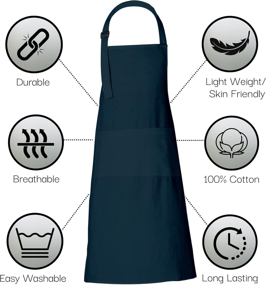 RAJRANG 100% Cotton Cooking Apron with 3 Pockets Kitchen Chef BBQ Adjustable Bib Aprons for Women Men