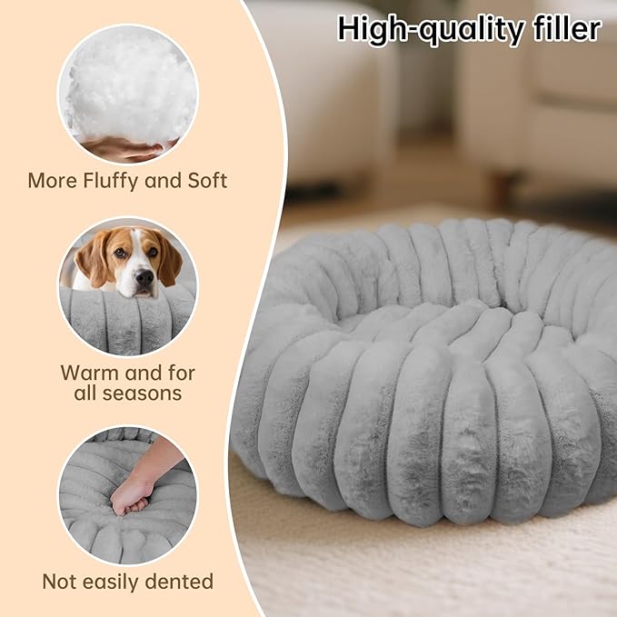 Vhen When Donut Dog and Cat Bed, Luxurious Comfortable Faux Rabbit Fur Pet Beds, Round Anti-Anxiety Calming Puppy Kitten Bed with Anti-Slip Bottom for Small Medium Dogs & Cats(28", Grey)