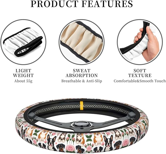 Cute Dogs Neoprene Steering Wheel Covers Women Men Car Accessories, Universal 15 Inch Fit Auto, Suvs, Truck