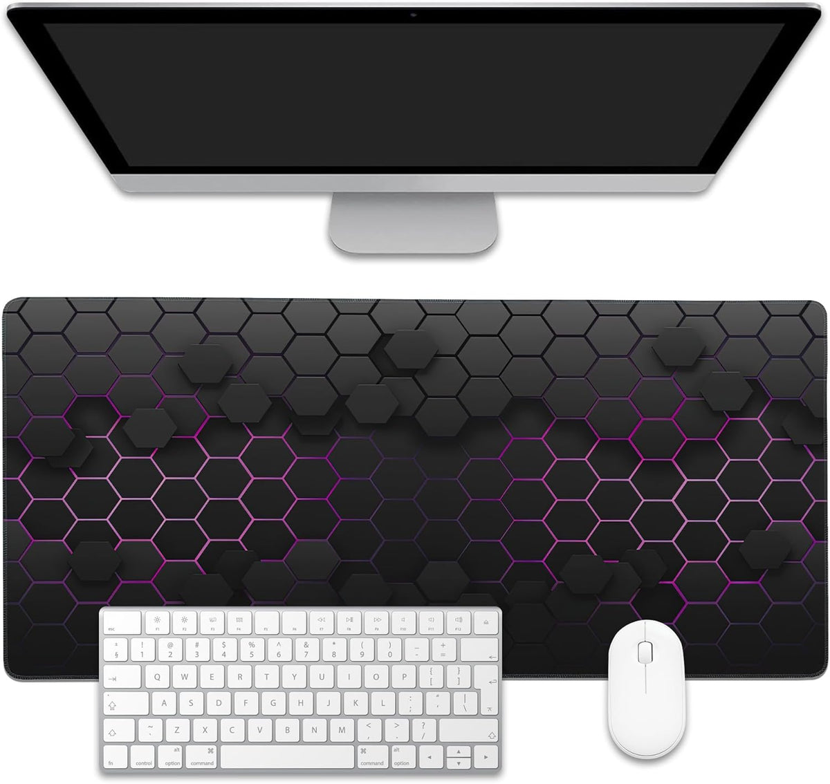 Grid with Purple Light Large Gaming Mouse Pad,Waterproof Desk Mat for Desktop,Non-Slip Rubber Base Mousepad with Stitched Edges for Laptop Office and Home 35.4X15.7 Inch