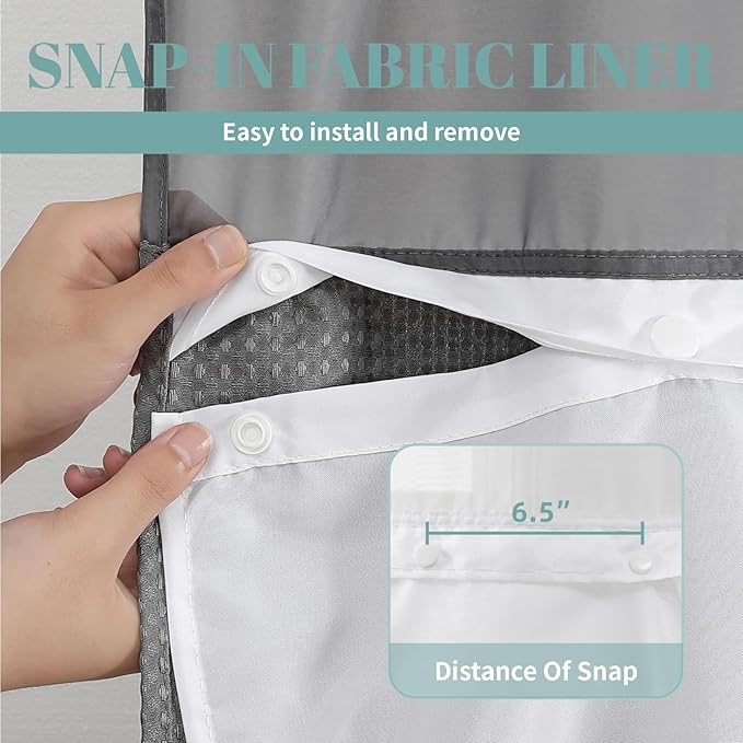 eachope Charcoal No Hook Waffle Weave Shower Curtain with snap-in Liner Replacement, 230GSM Waterproof Fabric Hotel Shower Curtain Set for Bathroom, Through Mesh Top Window,60Wx74H