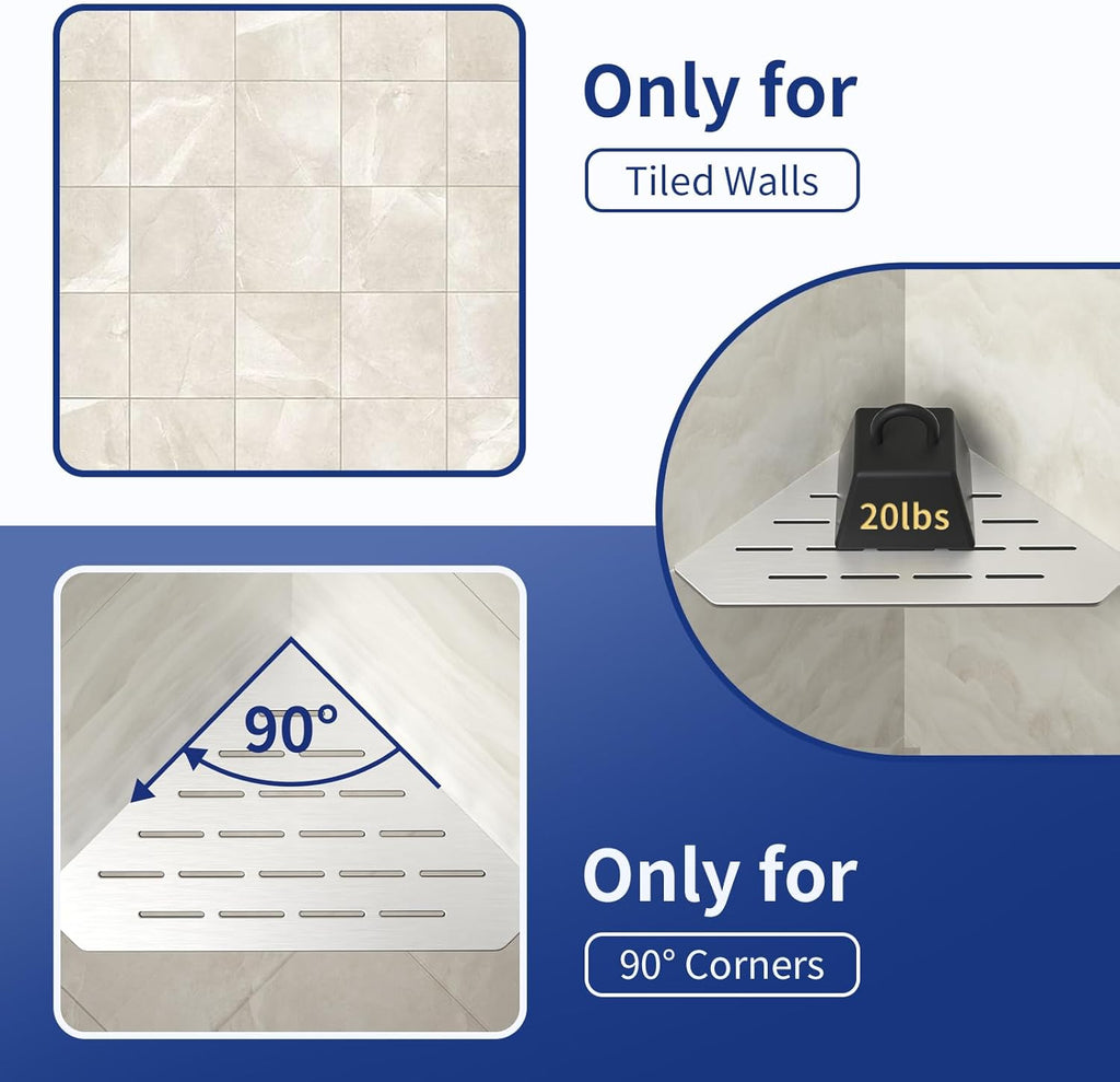 Corner Shower Shelf 10" Brushed 304 Stainless Steel Pentagonal Heavy Duty Floating Corner Shelf Slot Design Recessed Bathroom Shelf for Tiled Wall, No Drilling Needed