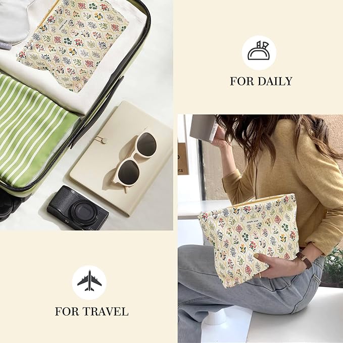 STARDW Aesthetic Floral Makeup Bag Cute Small Cosmetic Bags for Women Girls, Travel Toiletry Bag Large Capacity Zipper Makeup Pouch, Purse Organizer Pouches