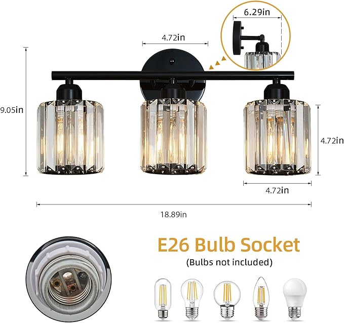 FDPBY Modern 3 Light Crystal Vanity Light, Plating Black Vertical Bathroom