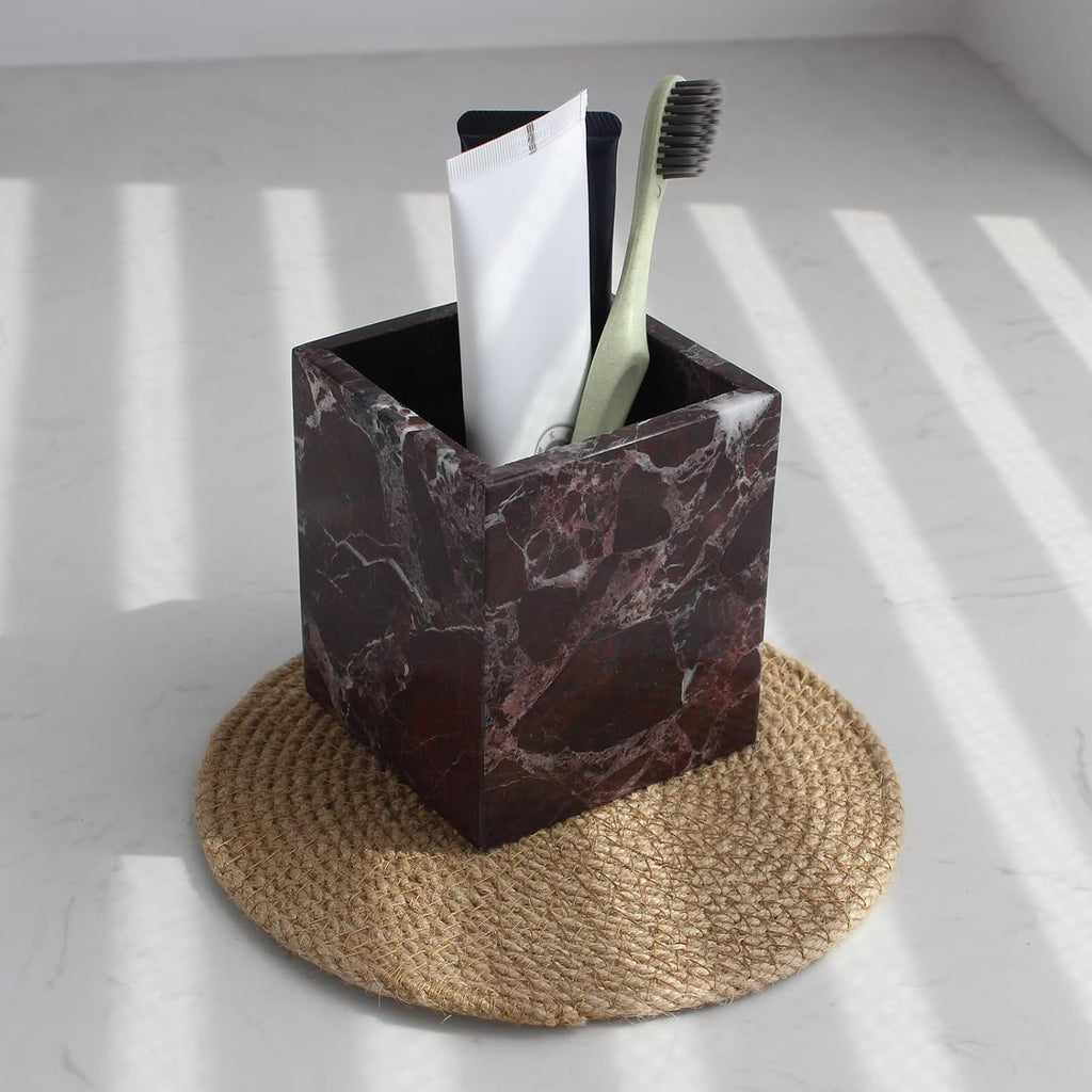 Natural Rosso Levanto Marble Square Storage Container for Toothbrush/Makeup Brush/Pens, Countertop Organizer Bathroom