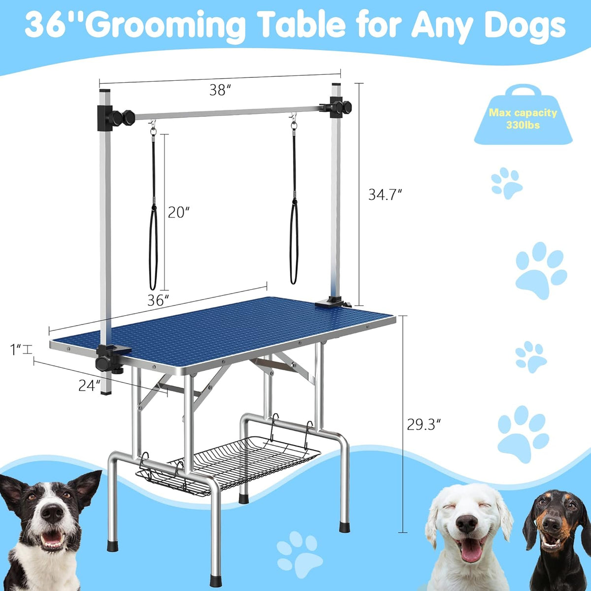 Lyromix 36''Large Dog Grooming Table, Adjustable Cat Drying Desktop with Arms, Nooses, Mesh Tray, Foldable Pet Station at Home, Maximum Capacity Up to 330Lb, 36inch, Blue