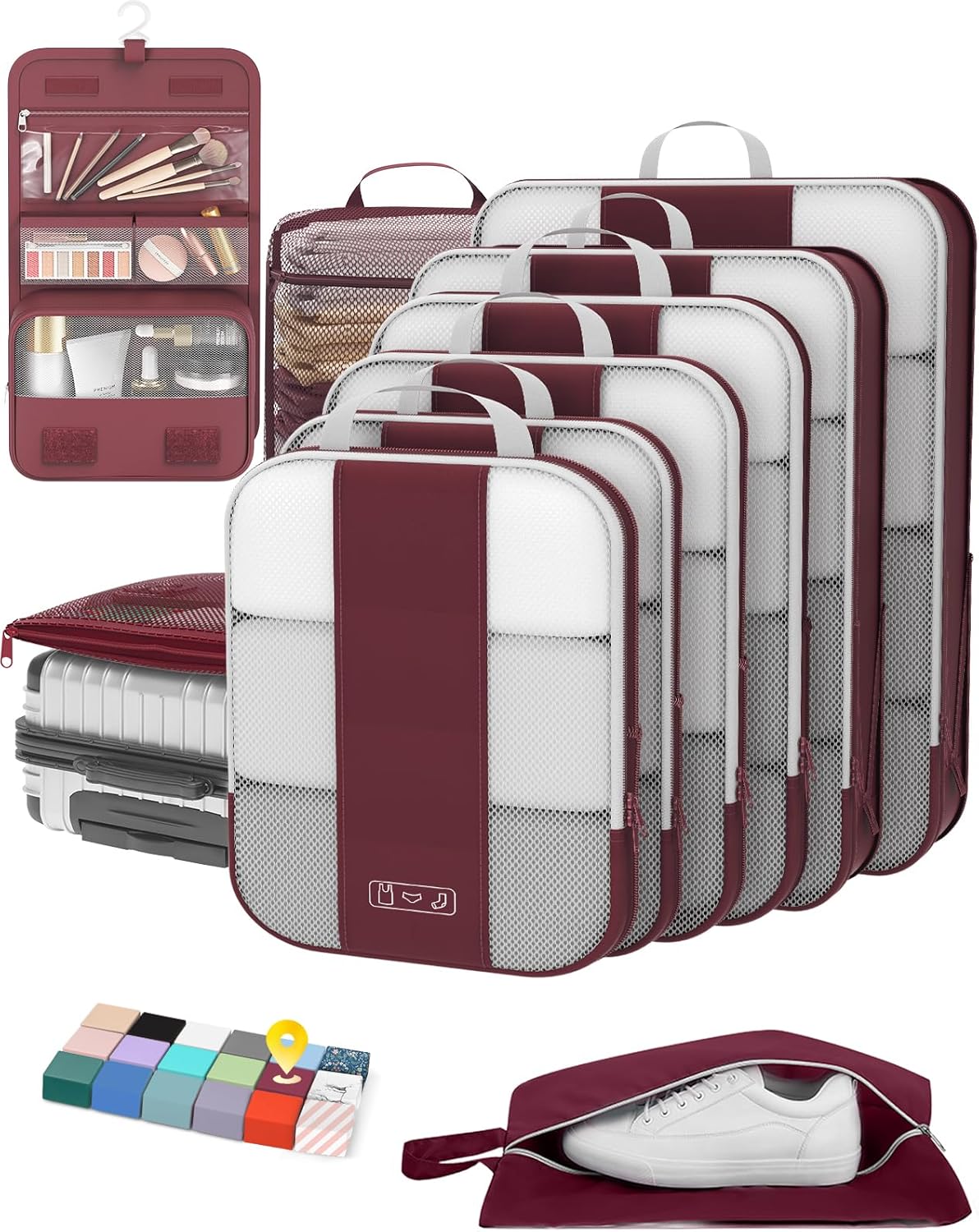10 Set Compression Packing Cubes for Travel Essentials,Compressible Expandable Packing Cubes for Suitcase,OlarHike Luggage Organizer Bags for Travel,Handy Helper for Organizing Clothes(Wine Red)