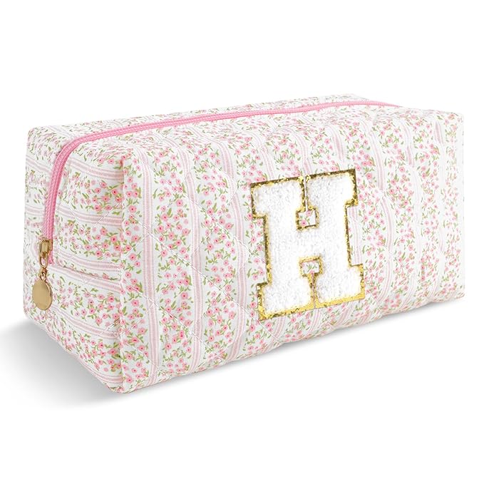 Personalized Quilted Cosmetic Bag, Puffy Monogrammed Christmas Birthday Gifts for Women & Girls, Cute initial Floral Makeup Bag Puffer Coquette Bag, Aesthetic Travel Toiletry Zipper Pouch(Pink,H)