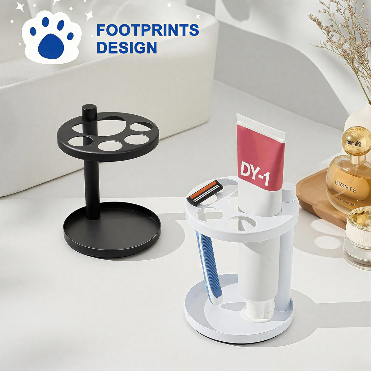 Metal Toothbrush Holder Stand for Bathroom: Stainless Steel Ventilated Organizer with Slots for Electric Toothbrushes, Toothpaste, Razors & Small Comb, Unique Footprint Base Design, White