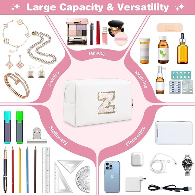 Small Initial Patch Makeup Bag Personalized Gifts Make Up Bag,White Cute PU Leather Glitter Letter Cosmetic Bag with Zipper,Trendy Portable Travel Toiletry Pouch,Preppy Stuff for Teen Girls Women Z