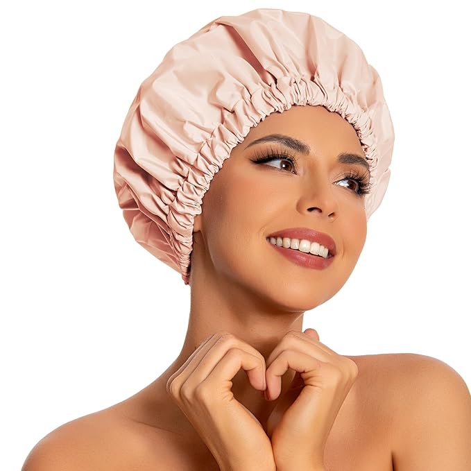 Reusable Shower Cap for Women, Large Waterproof Shower Bonnet Washable Elastic Band Bath Accessories Hair Hat for Long Hair, Braids(Beige)
