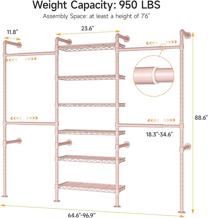 ONBRILL H3 Wall Mounted Closet System, Expandable Industrial Pipe Clothes Rack