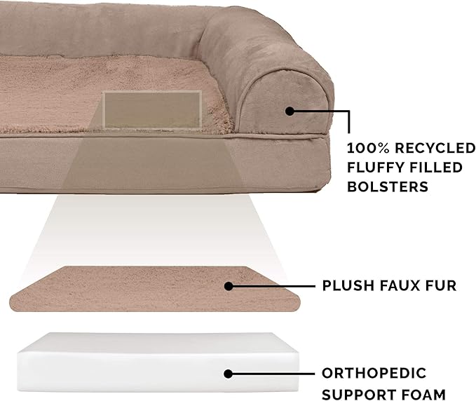 Furhaven Orthopedic Dog Bed for Large Dogs w/ Removable Bolsters & Washable Cover, For Dogs Up to 125 lbs - Plush & Suede Sofa - Almondine, Jumbo Plus/XXL