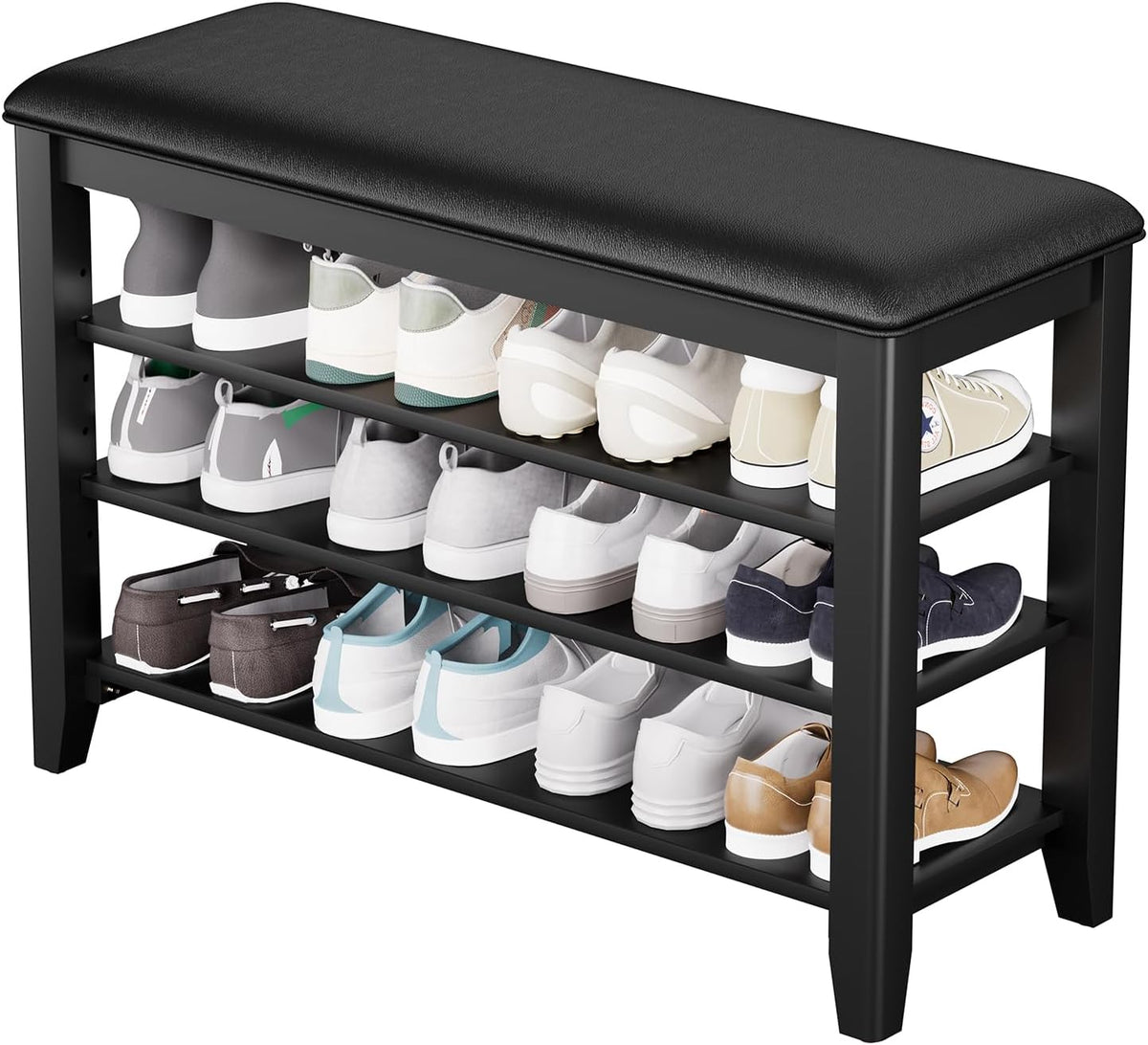 Entryway Shoe Storage Bench with Leather Cushion, Shoe Organizer Bench for Entryway, Ideal for Hallways Front Doors Entrances Mudrooms Featuring Rubberwood And 3 Height-Adjustable & Removable Shelve