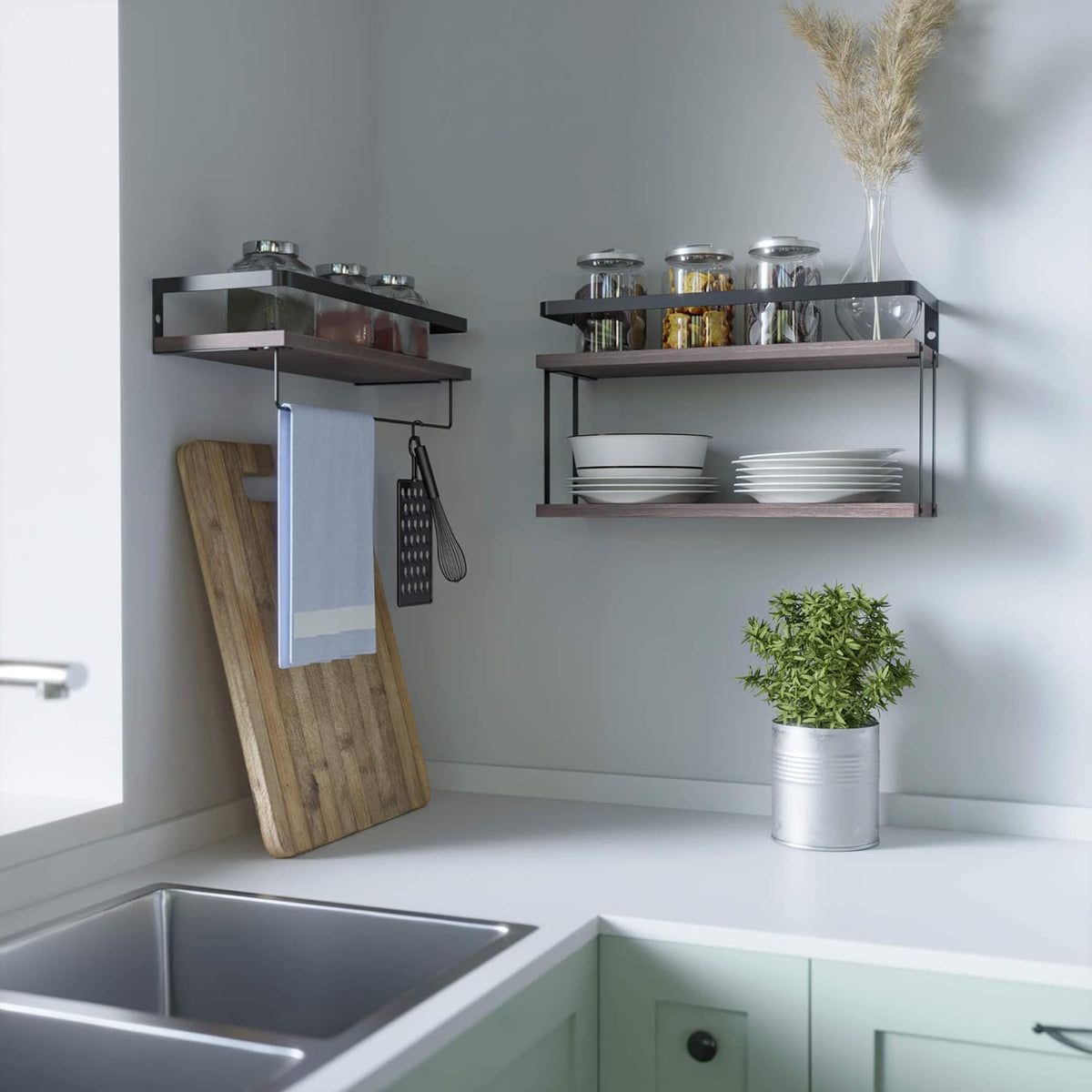 RICHER HOUSE 2+1 Tier Wall Mounted Floating Shelves Set of 2, Rustic Wood Shelf with Metal Frame, Extra Storage Rack for Bathroom, Kitchen, Bedroom with Tissue Rack & Towel Bar - Rustic Brown