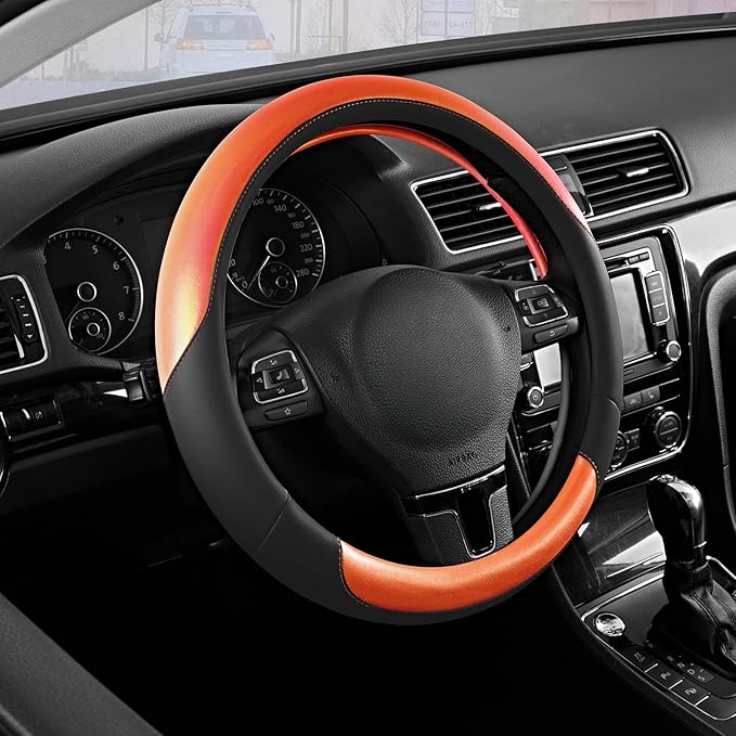 Road Comforts Steering Wheel Cover – Breathable Leather Steering Wheel Cover, Anti-Slip Grip, Universal Fit 14.5” to 15”, Heat & Cold Resistant for Cars, SUVs, and Trucks – Black & Shining Orange