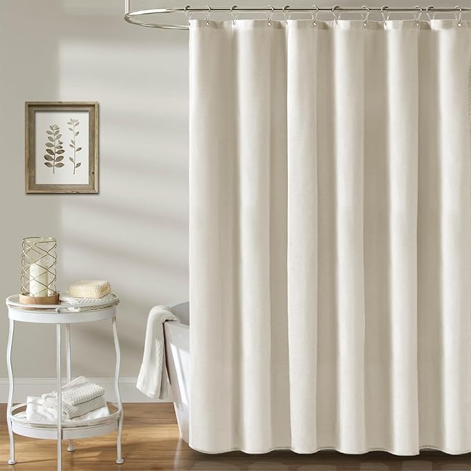 BTTN Extra Long Fabric Shower Curtain - 72 x 90 Inch Linen Textured Heavy Duty Cloth Shower Curtain Set with 12 Plastic Hooks, Large Hotel Luxury Polyester Shower Curtains for Bathroom, Light Cream