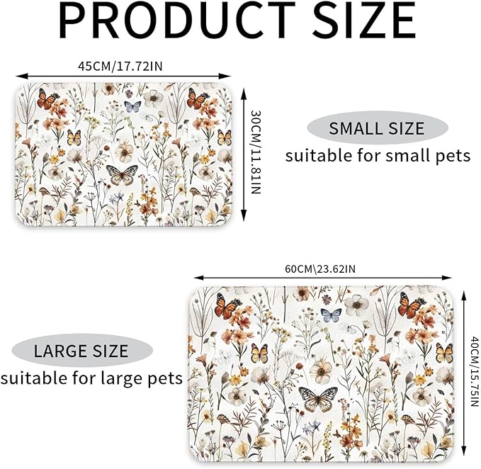 Wildflower Butterfly Dog Food Mat Absorbent Bowl Mats No Stains Quick Dry Waterproof Pet Cat Placemats for Food and Water, 30x45cm