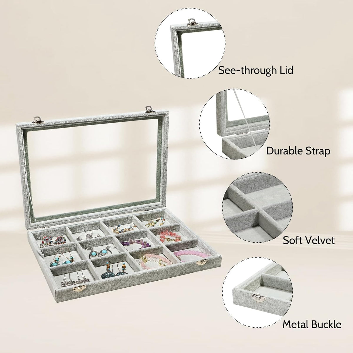 Stratalife Jewelry Holder Organizer Jewelry Organizer Box Bracelet Storage Velvet Jewelry Tray with Clear Lid Jewelry Drawer Organizer Jewelry Display Tray 12 Grid Grey