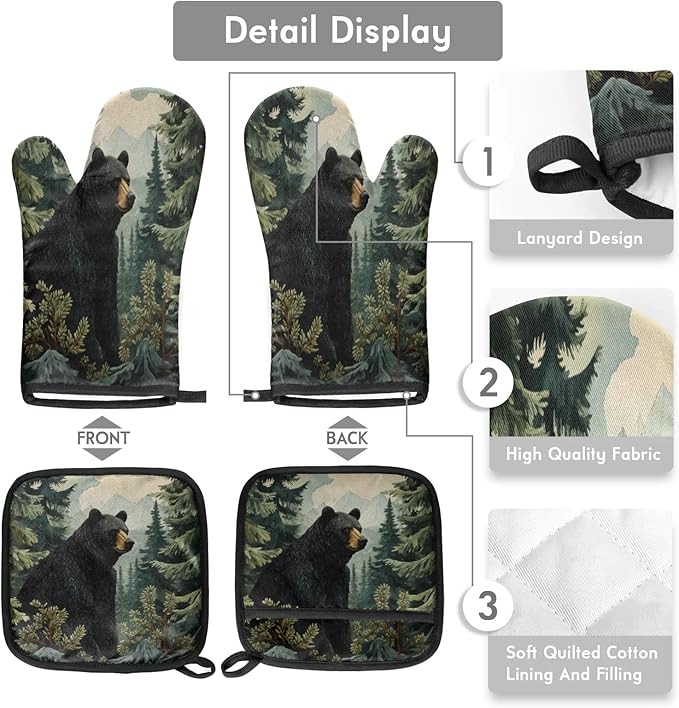 Black Bear Forest Wild Animals Oven Mitts and Pot Holders Sets, 2 Pcs Decorative Kitchen Oven Glove for Cooking