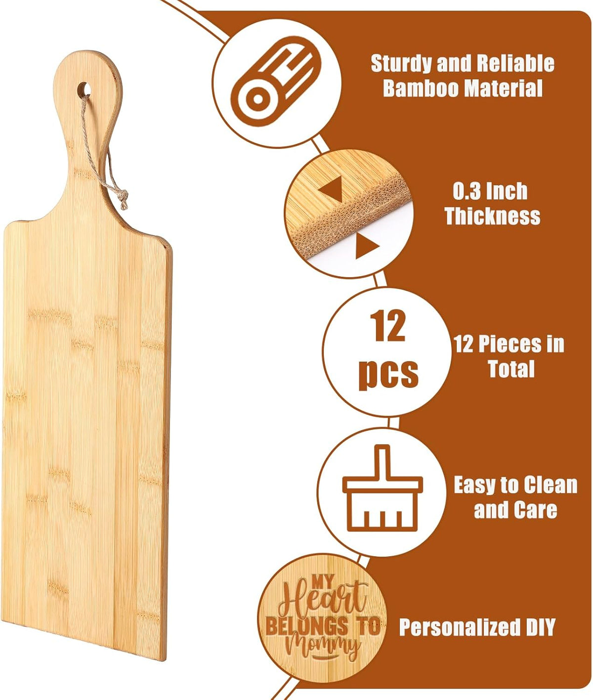 Patelai 12 Packs Wooden Cutting Board Set with Handles Large Kitchen Serving Plain Chopping Board Bulk Gifts for Mom for Vegetables Meat Pizza Cheese Fruit Bread(Bamboo,17 x 6 Inch)