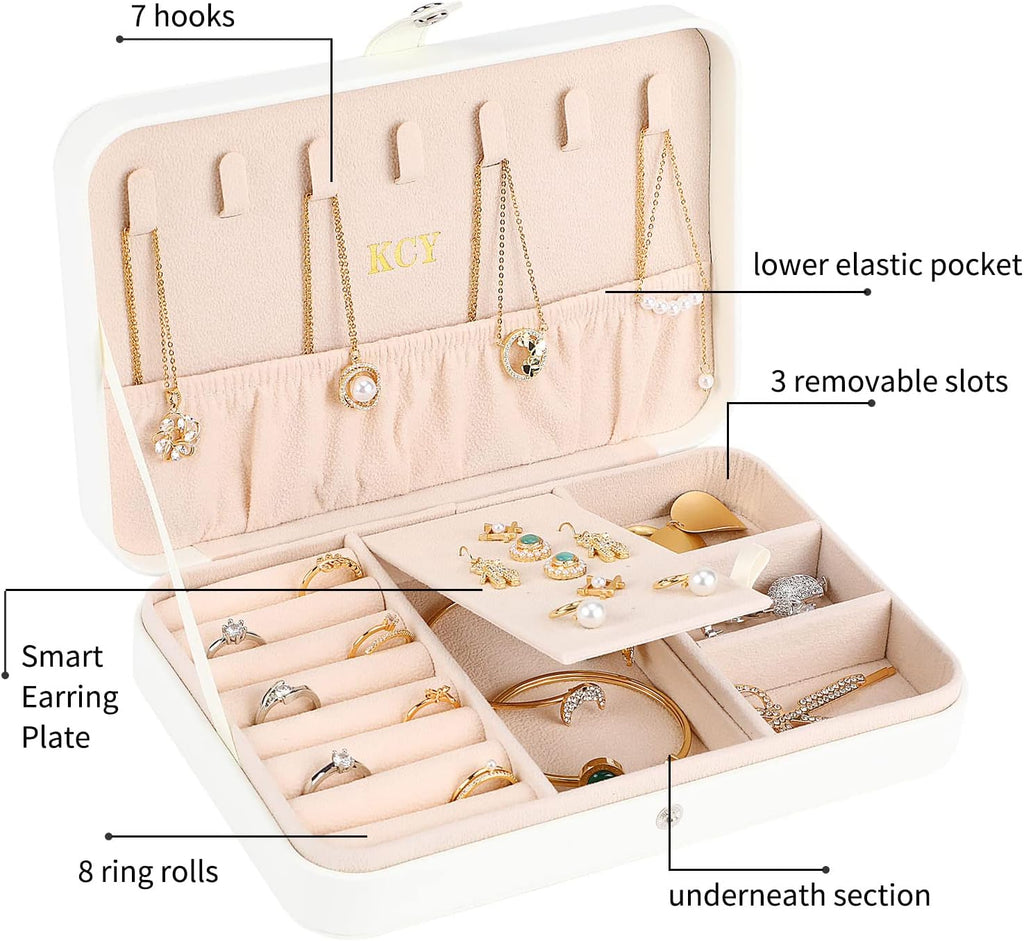 KCY Jewelry Box for Women Girls,Small Travel Jewelry Organizer Case,PU Leather Portable Jewellery Storage Boxes Display Holder for Ring Earrings Necklace Bracelet Bangle, Men Teen Kids Gift, White