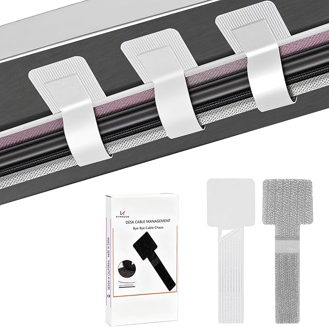 Desk Cable Management, Wire Organizers for Cords - Grey and White 48 PCS Sticky Back Self Adhesive Cable Ties, Hook and Loop Straps for Home or Office Use