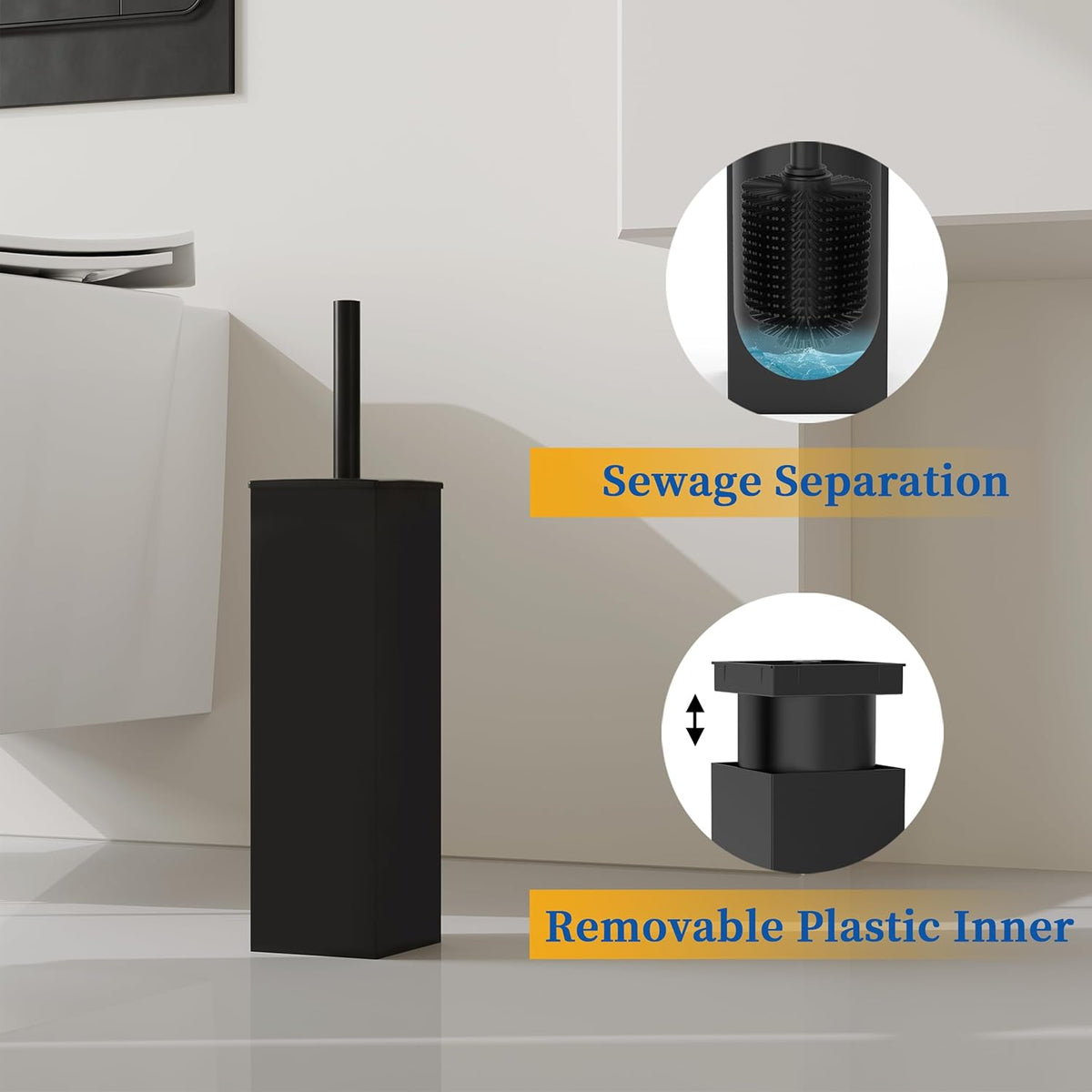 RUACQ Toilet Brush and Holder Set 2pcs,Square Toilet Bowl Brush for Bathroom with 304 Stainless Steel Handle Toilet Cleaner Brush with Durable Scrubbing Bristles,Splash-Proof (Matte Black)