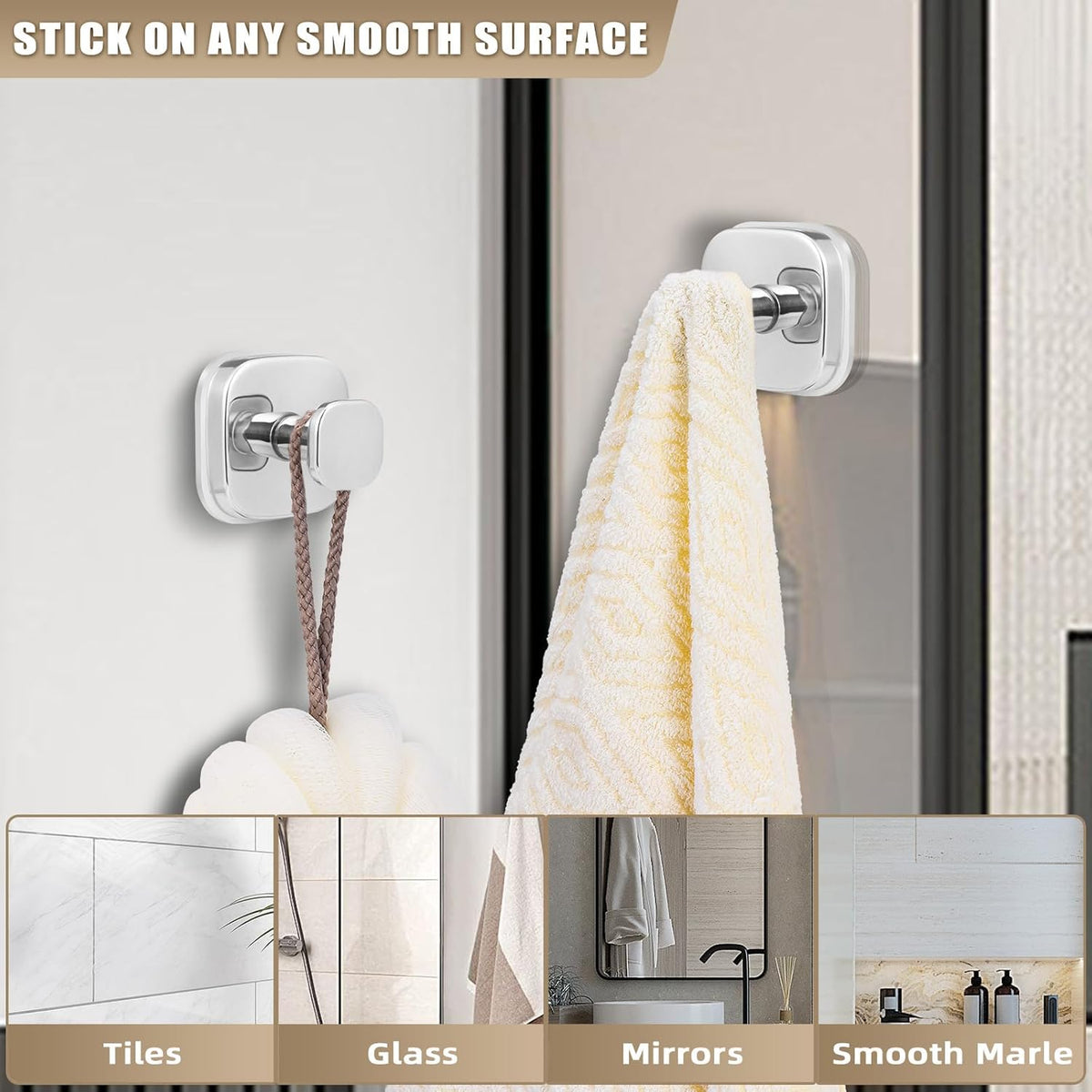 No-Drill Reusable Suction Cup Hooks, Towel, Robe, Loofah, Coat Hook for Glass, Mirror, Tile, Shower, Bathroom, Kitchen & Metal (Smooth, Non-Porous Surfaces) (4, Chrome Polished)